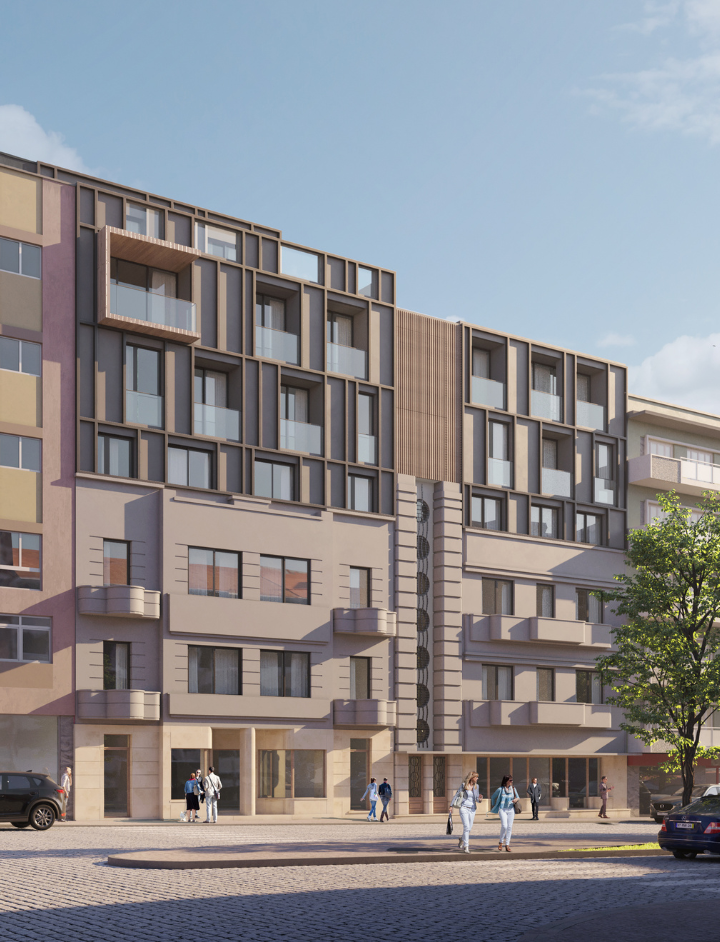 Vista geral do Avenida 120 na avenida principal de Aveiro com comércio no piso térreo- obra Contracta