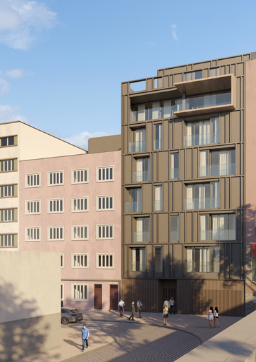 Render do edifício Avenida 120 com fachada contemporânea integrada no centro de Aveiro - Contracta Engenharia