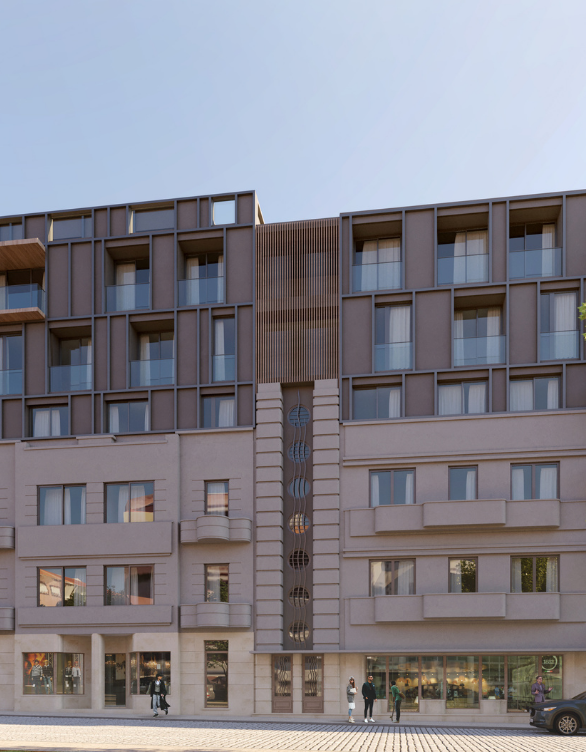 Render da fachada do Avenida 120 com detalhe em ripado e caixilharia - construção Contracta, Aveiro