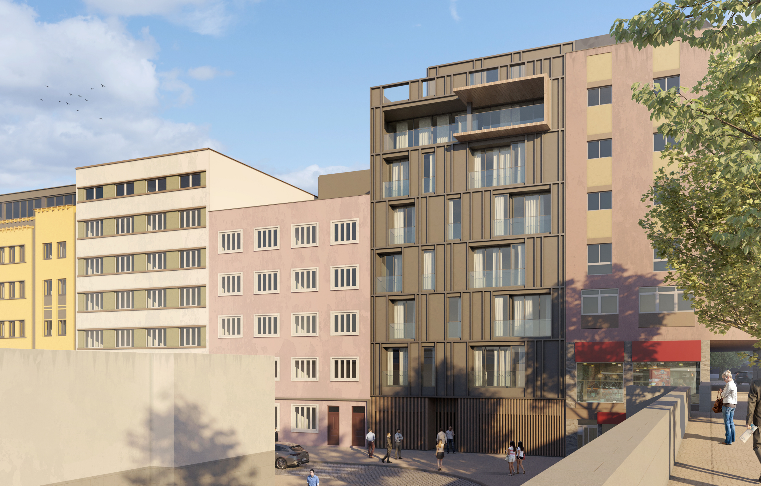 Render do Avenida 120 visto da zona do Mercado Municipal de Aveiro - construção Contracta Engenharia