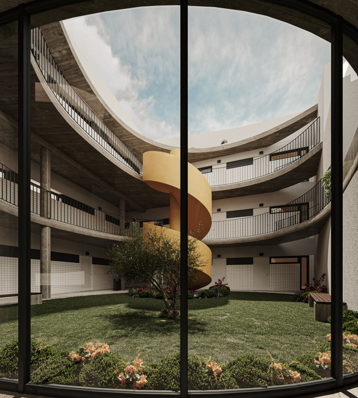 Render do pátio interior da Casa Lusitana com jardim, escada helicoidal e varandas - Contracta Engenharia, Aveiro