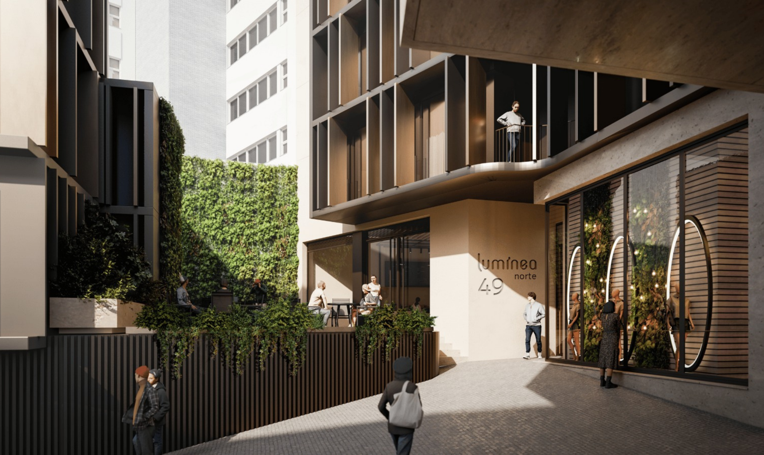 Largo de entrada do Luminea Norte com jardim vertical, esplanada e comércio - construção Contracta, Aveiro
