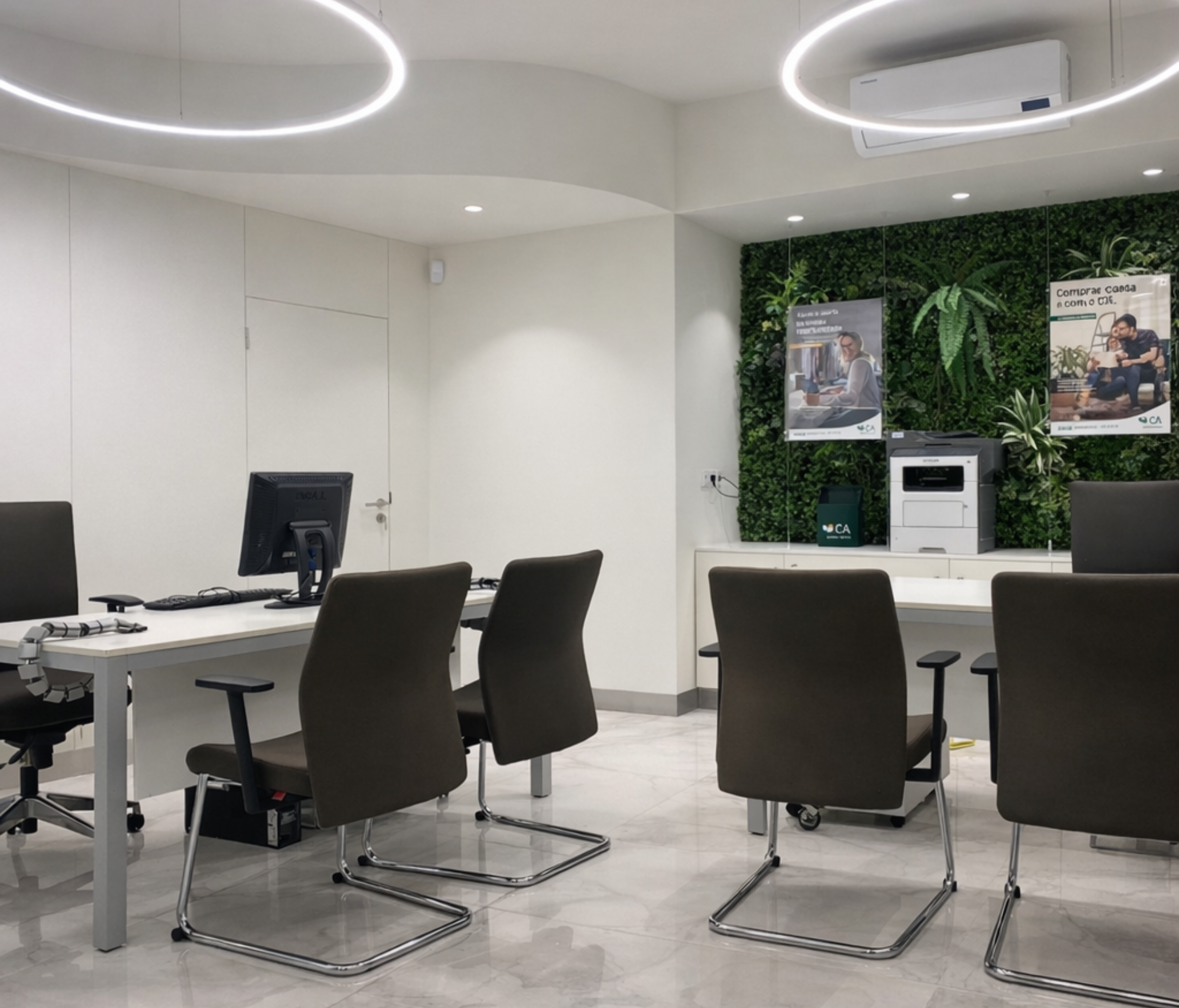Interior da agência Crédito Agrícola em Aveiro com zona de atendimento, iluminação circular e jardim vertical - obra Contracta Engenharia