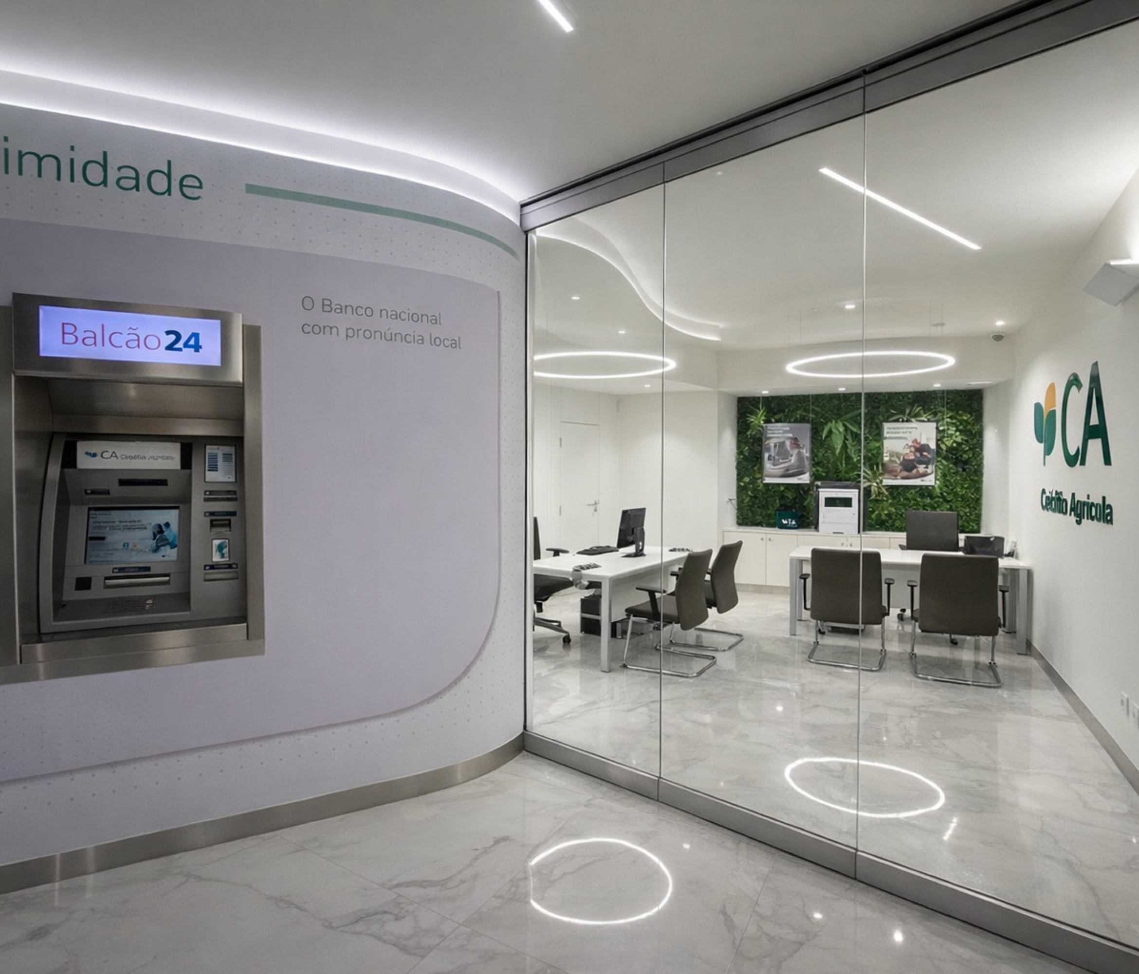 Zona de balcão 24h com ATM e vista para o interior da agência Crédito Agrícola em Aveiro - remodelação Contracta