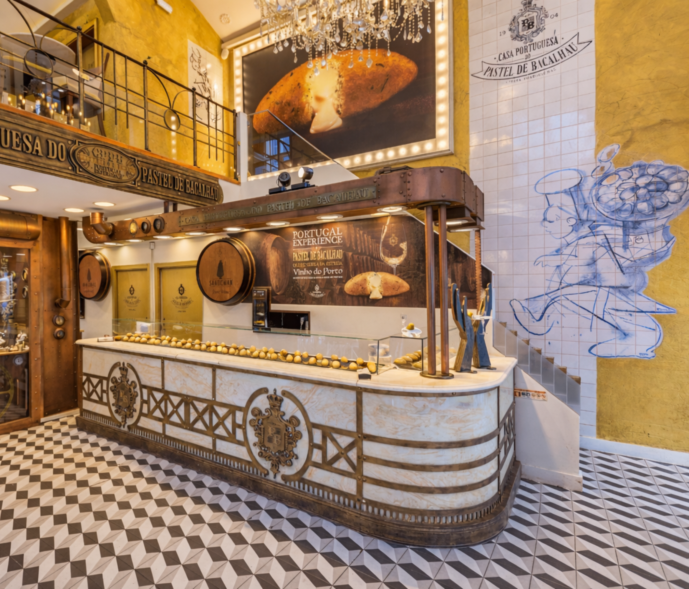 Interior da Casa Portuguesa do Pastel de Bacalhau com balcão em mármore, azulejaria e pavimento geométrico — obra Contracta, Aveiro