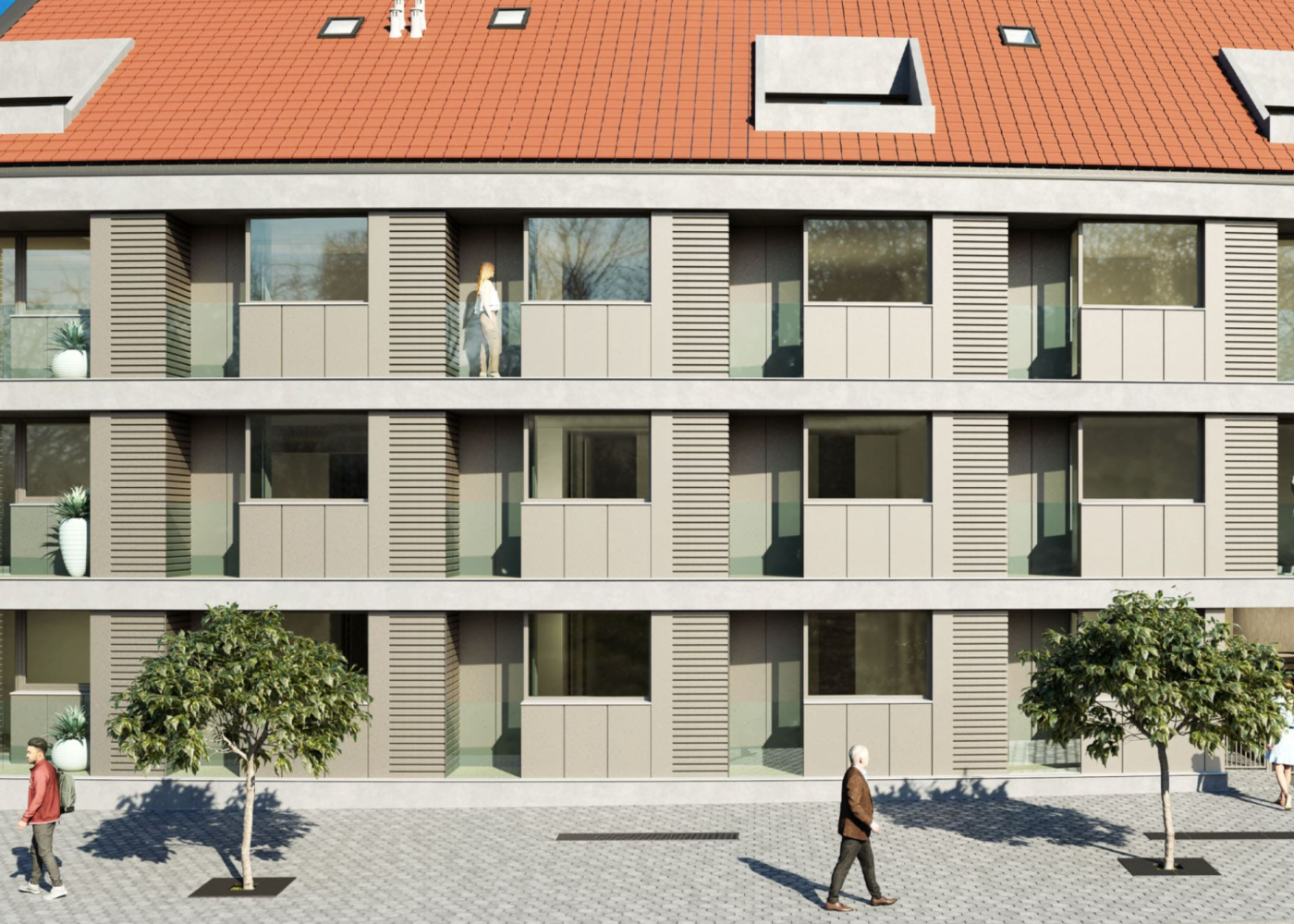 Render da fachada do Edifício Universidade com varandas, portadas e cobertura - Contracta Engenharia, Aveiro