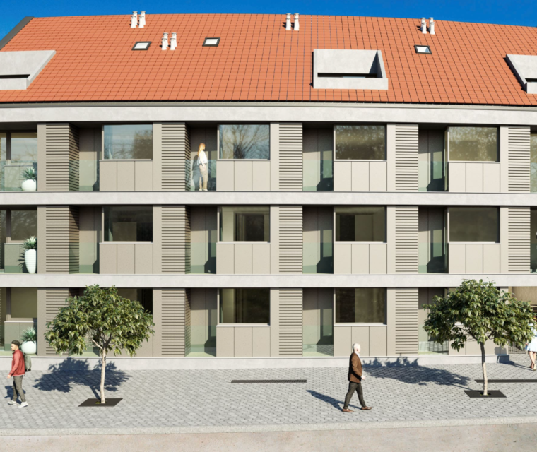 Render da fachada do Edifício Universidade com varandas, portadas e cobertura - Contracta Engenharia, Aveiro