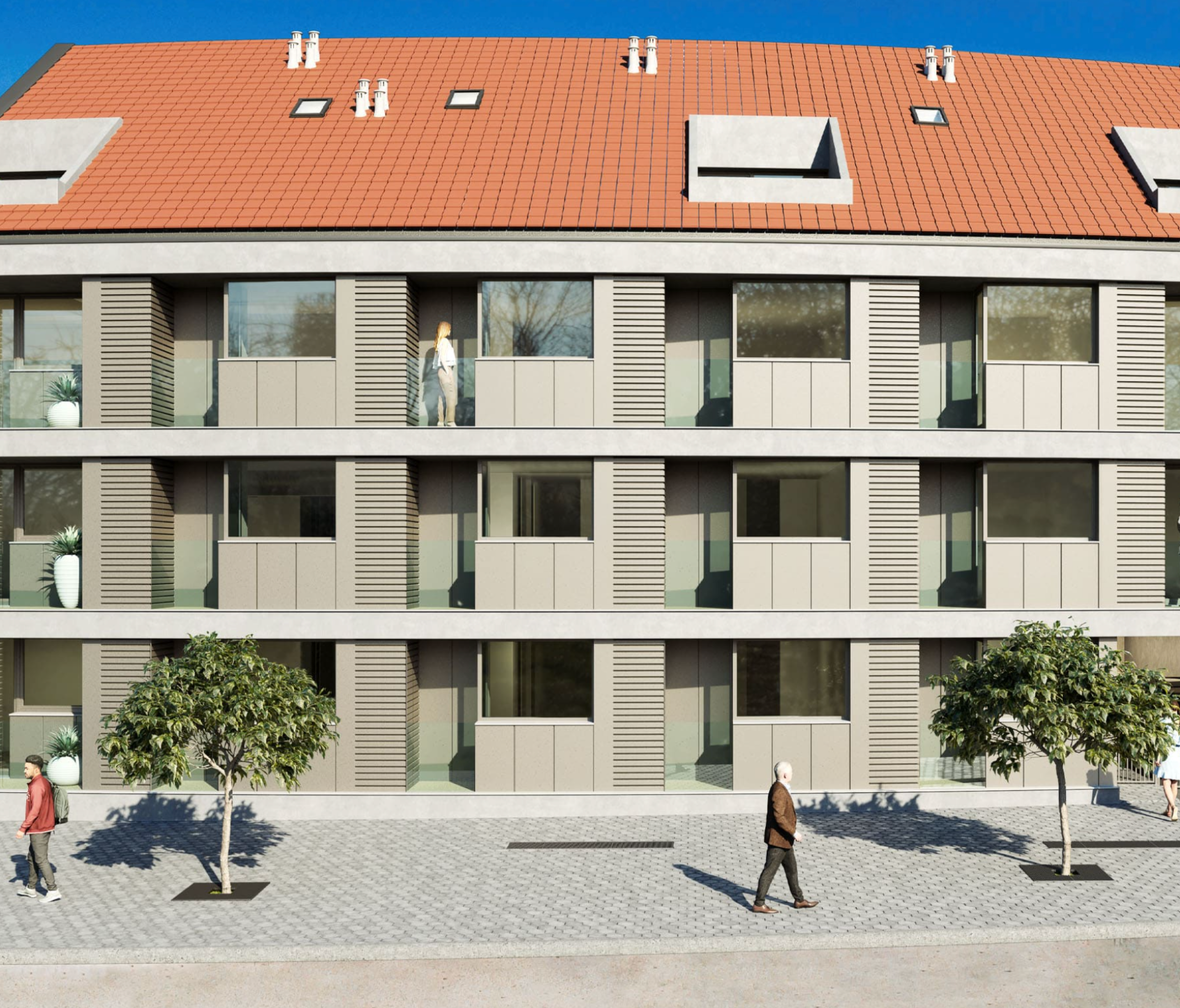 Render da fachada do Edifício Universidade com varandas, portadas e cobertura - Contracta Engenharia, Aveiro
