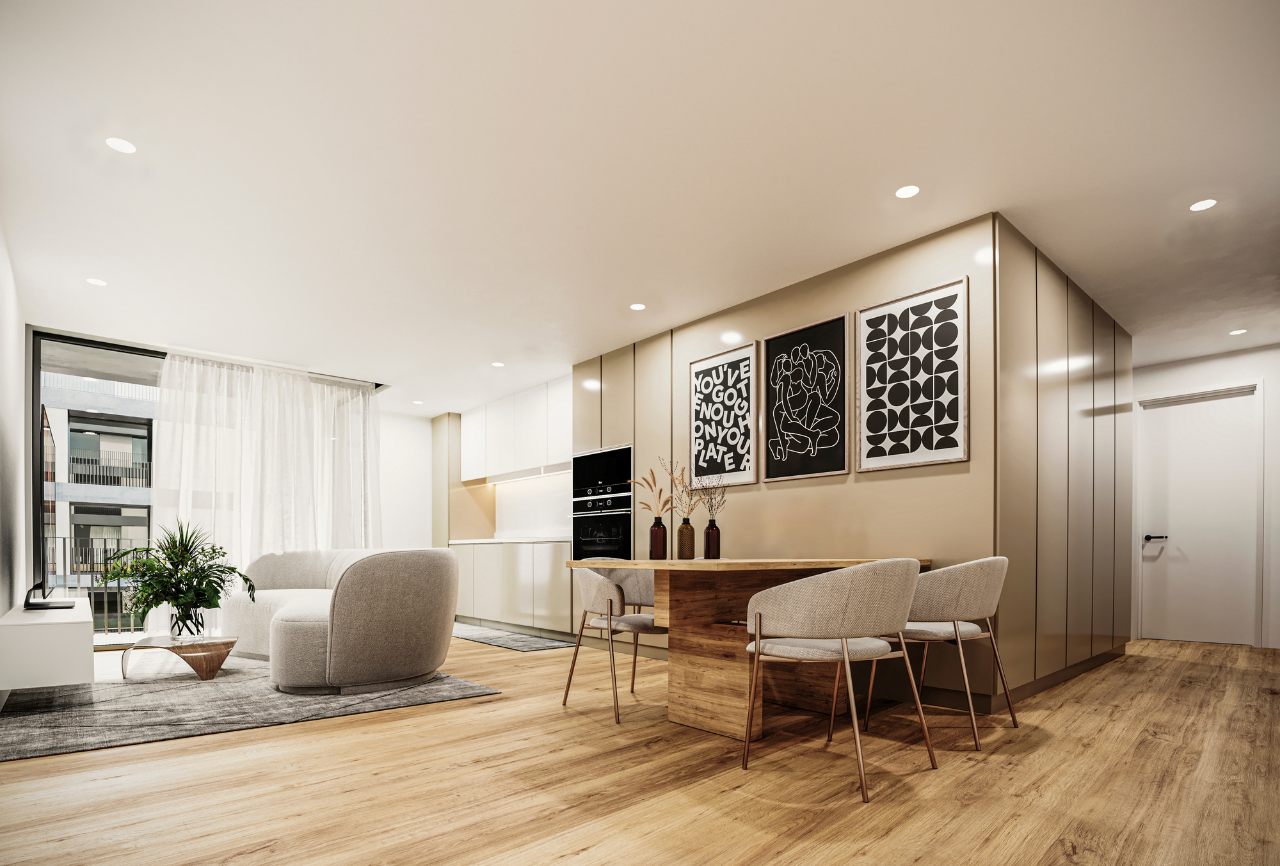 Sala de estar do Altamira com acabamentos contemporâneos e luz natural — construção Contracta, Aveiro