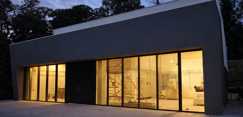 Fachada do Pavilhão Navigator com caixilharia em alumínio escuro e revestimento interior decorativo - construção Contracta, Aveiro
