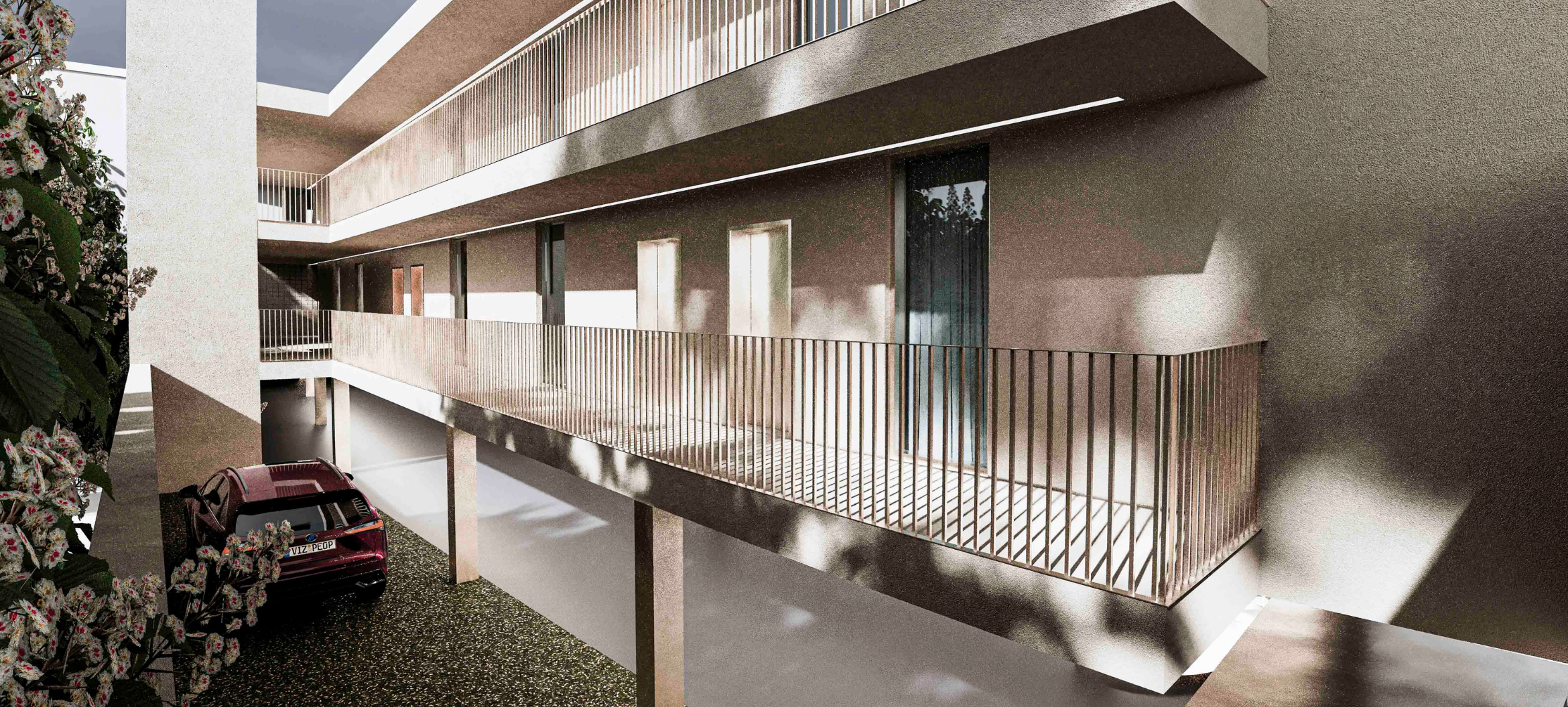 Render do interior do empreendimento Visconde da Granja com varandas e estacionamento coberto - construção Contracta