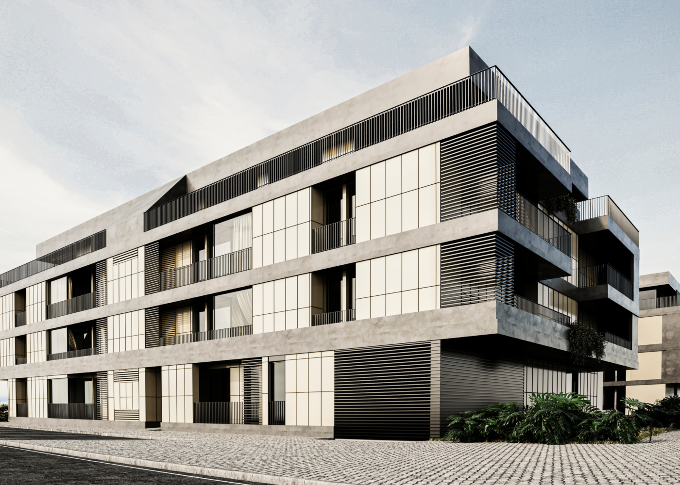 Render do empreendimento Altamira com fachada em betão, portadas metálicas e varandas — construção Contracta, Aveiro