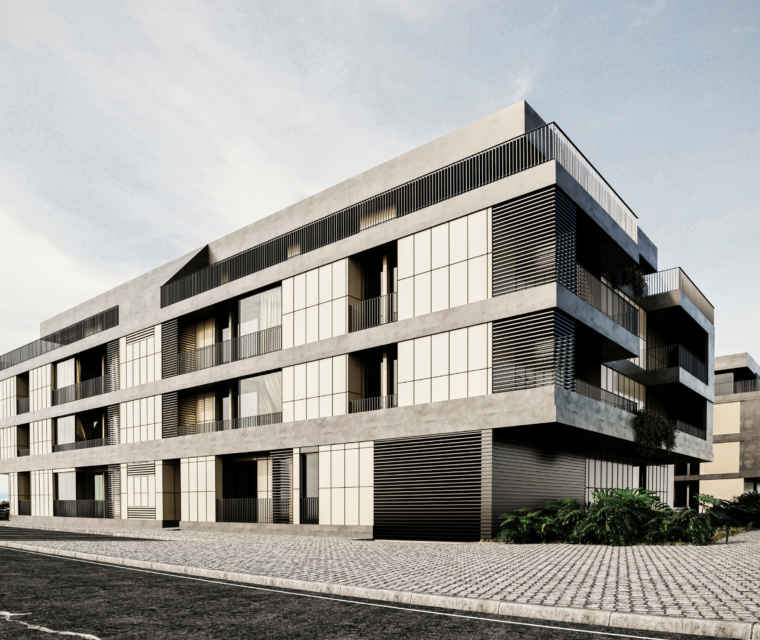 Render do empreendimento Altamira com fachada em betão, portadas metálicas e varandas — construção Contracta, Aveiro