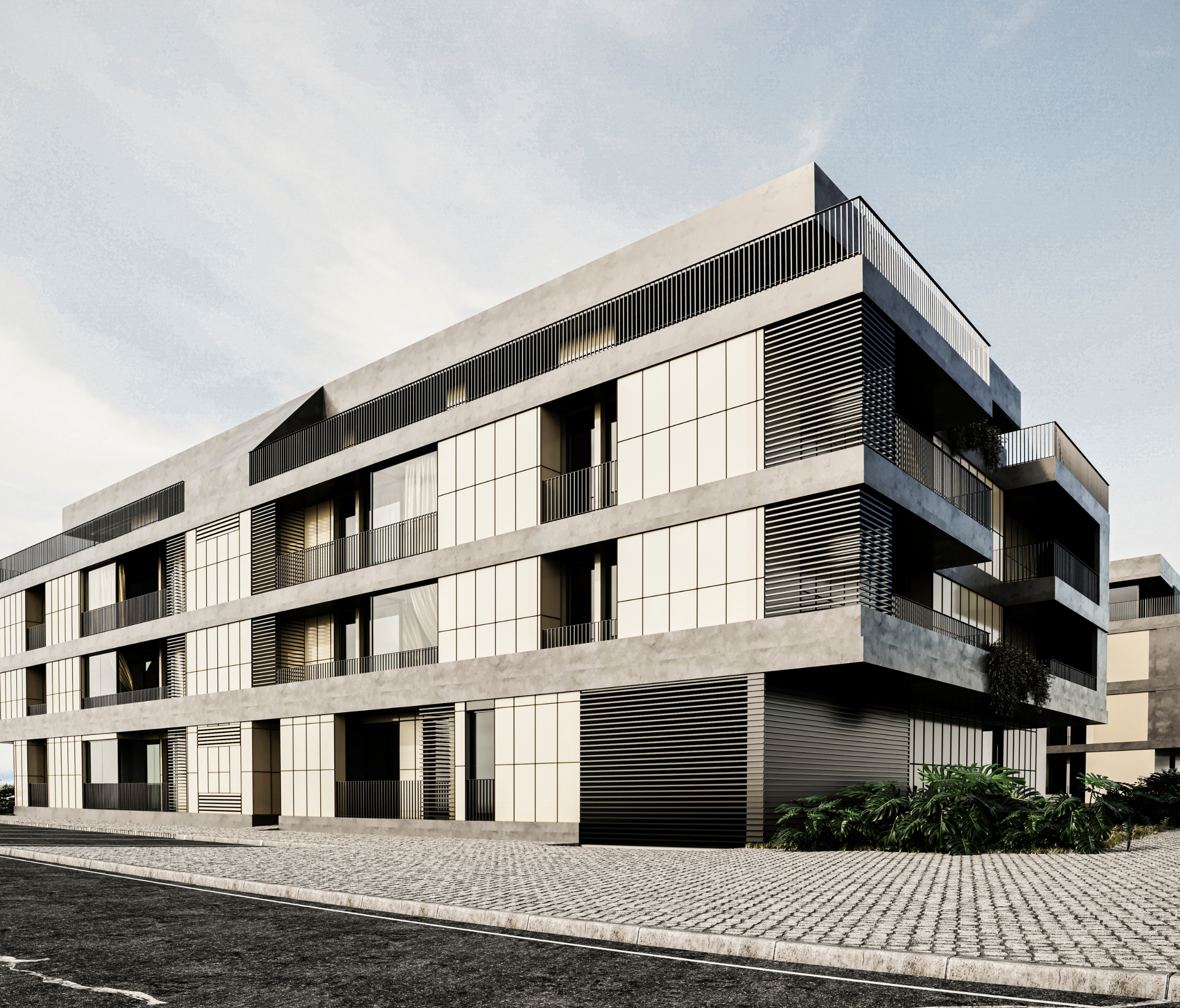 Render do empreendimento Altamira com fachada em betão, portadas metálicas e varandas — construção Contracta, Aveiro