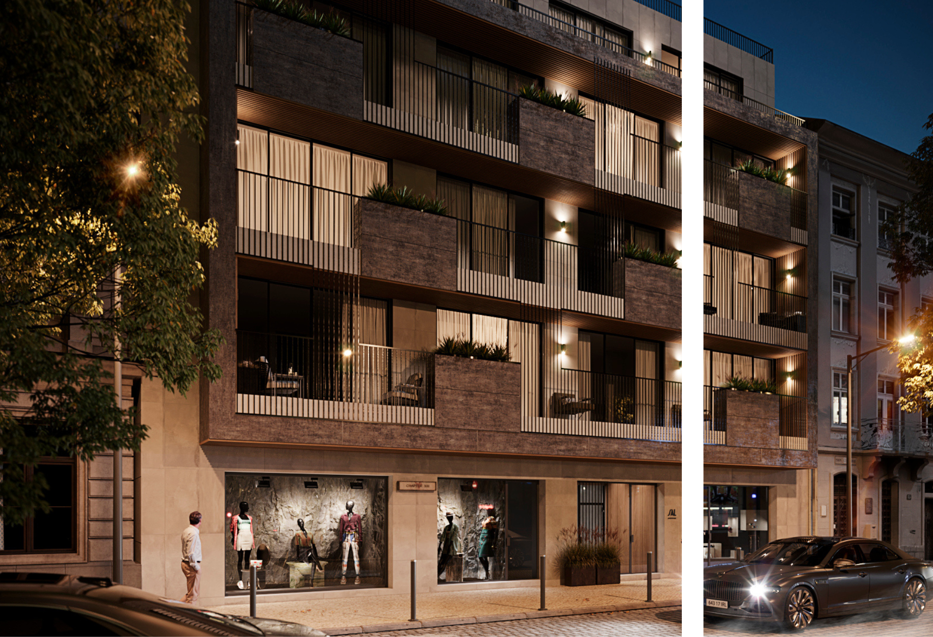 Render noturno do Edifício Sal Avenida com fachada e comércio no piso térreo — construção Contracta, Aveiro