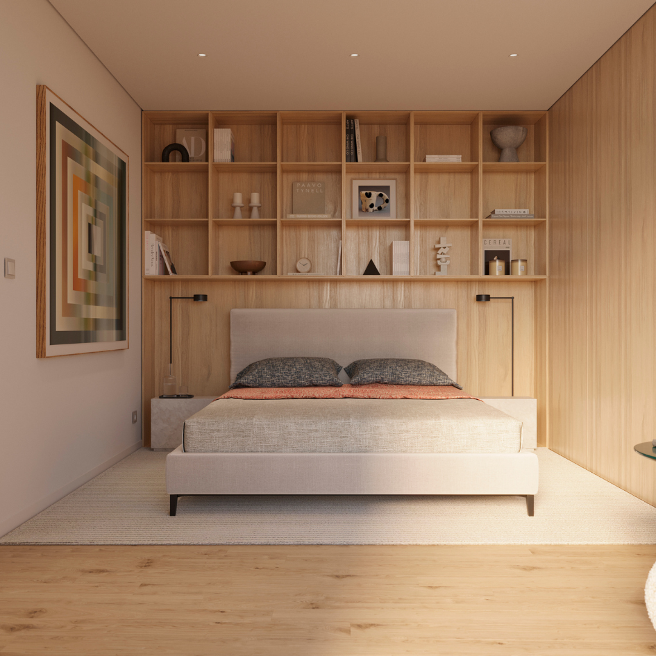 Quarto com design contemporâneo e acabamentos premium em apartamento de luxo em Aveiro
