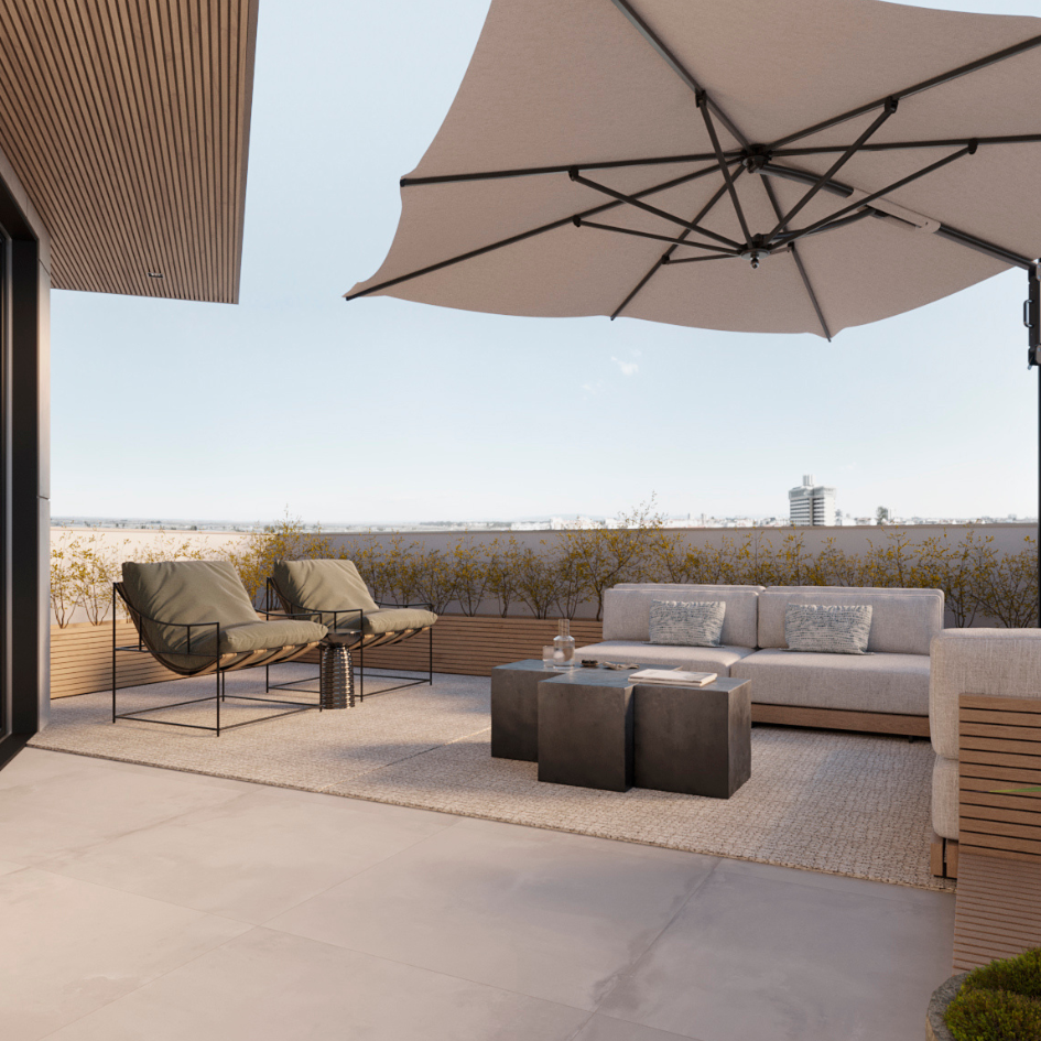 Rooftop com vista panorâmica e zona lounge exterior em edifício residencial premium em Aveiro