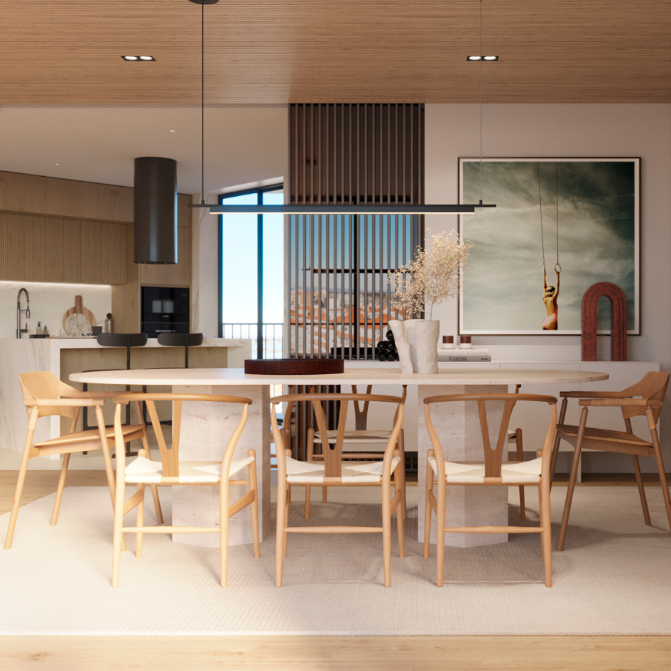 Sala de jantar moderna em empreendimento residencial de luxo construído pela Contracta em Aveiro